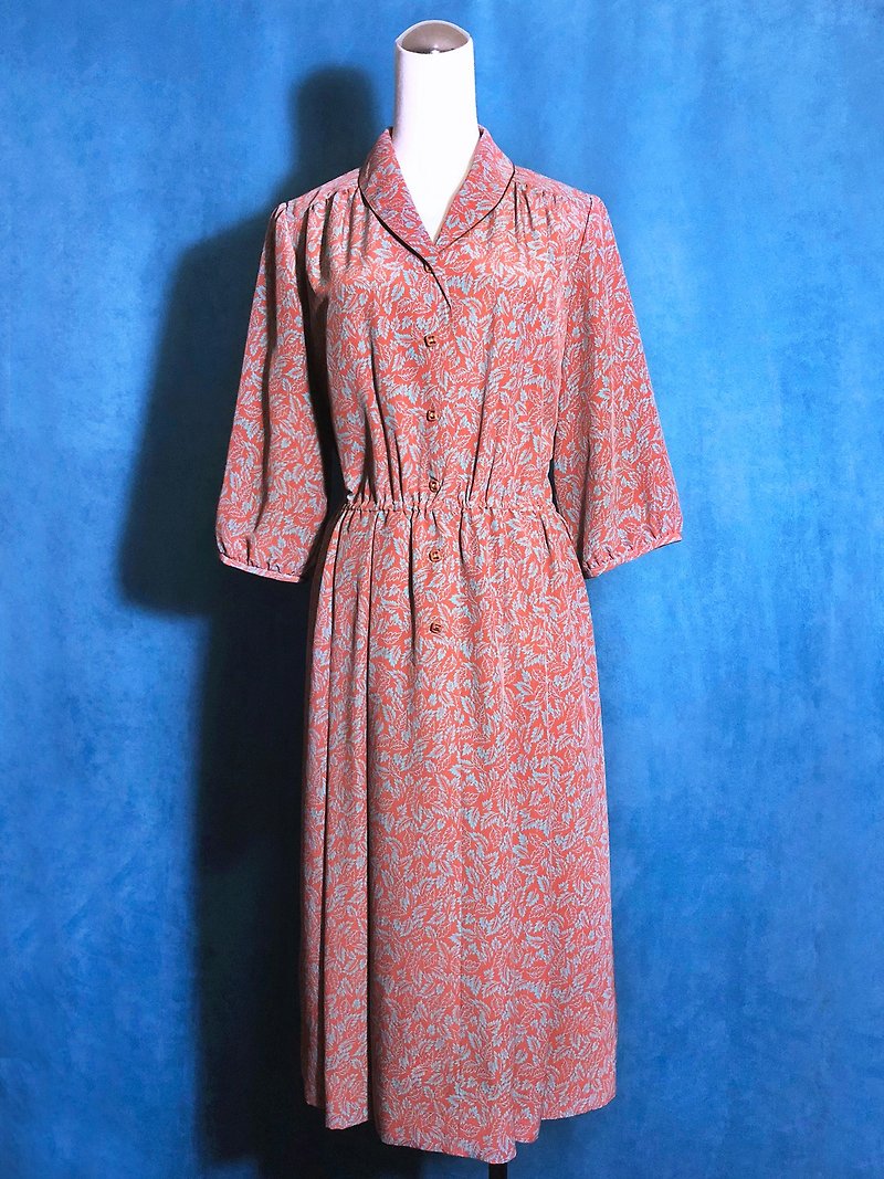 Leaf-bound short-sleeved vintage dress / bring back VINTAGE abroad - ชุดเดรส - เส้นใยสังเคราะห์ สีส้ม