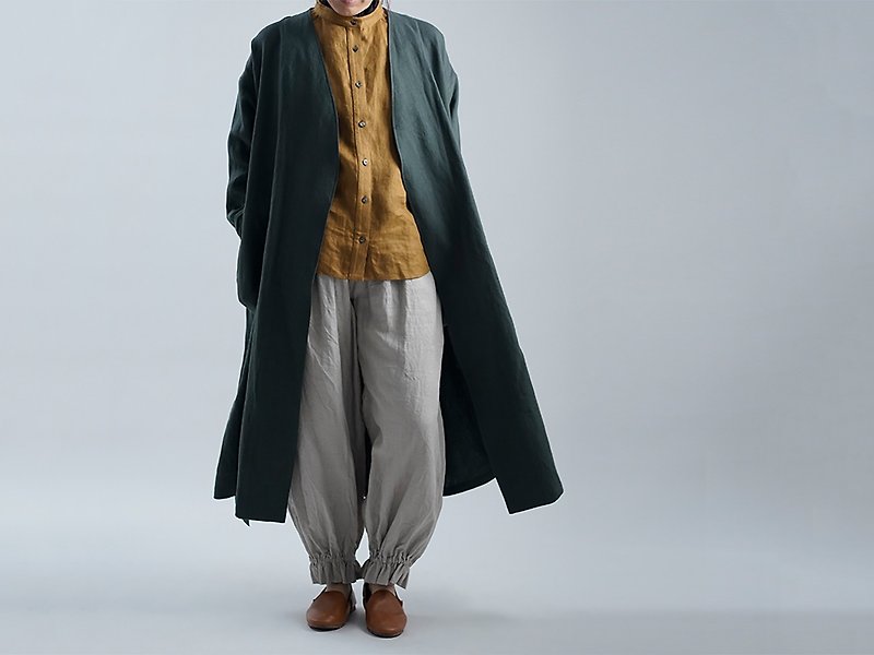 wafu --Flax cloak Collarless Pure Linen Coat / Vert Fonce h022j-vfs2 - เสื้อสูท/เสื้อคลุมยาว - ลินิน สีเขียว
