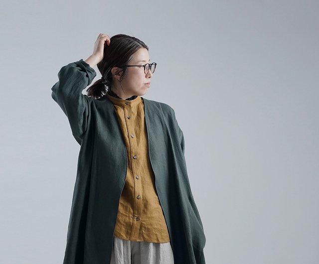 wafu - 亞麻外套 風衣 Collarless Pure Linen Coat / Vert Fonce h022j-vfs2 - ショップ 【 wafu】linen clothing ブレザー・コート - Pinkoi