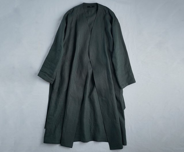 wafu - 亞麻外套 風衣 Collarless Pure Linen Coat / Vert Fonce h022j-vfs2 - ショップ 【 wafu】linen clothing ブレザー・コート - Pinkoi