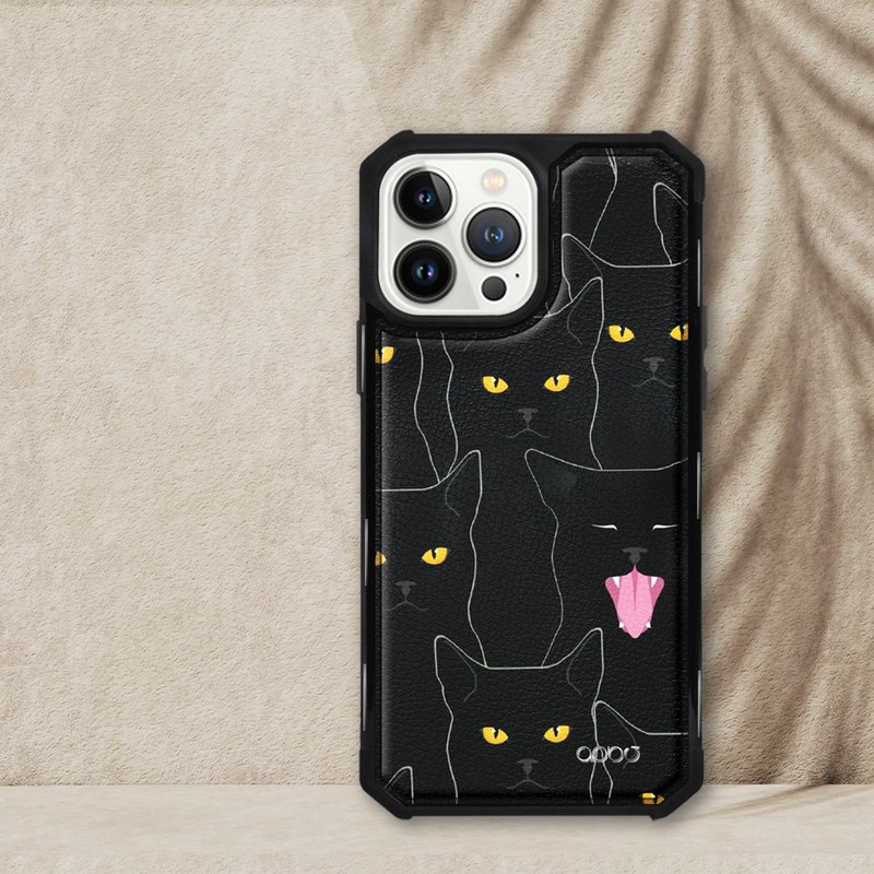 iPhone 13全系列軍規防摔皮革磁吸手機殼-慵懶黑貓(黑殼) - 手機殼/手機套 - 其他材質 多色