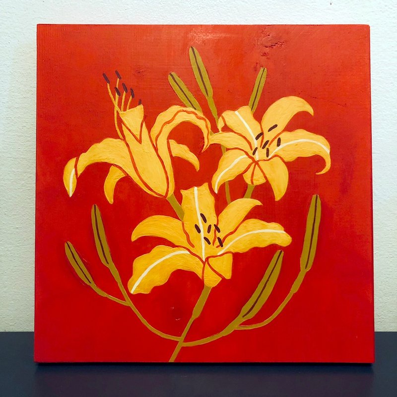 金針花//木板原畫 - 擺飾/家飾品 - 木頭 紅色