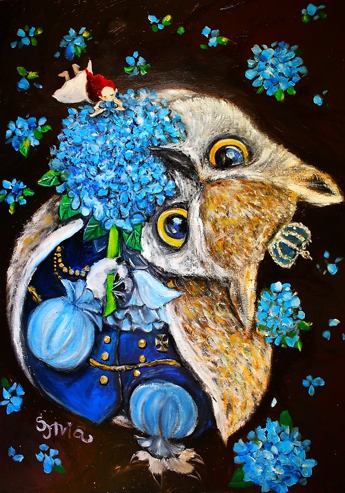sylvia illustrator靜花園 油畫--吃花的貓頭鷹爵士