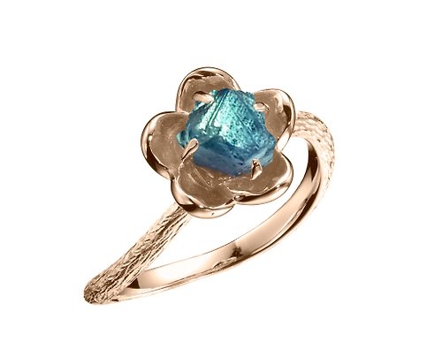 Majade Jewelry Design 藍寶石原石14k金梅花求婚戒指 植物原礦訂婚戒指 立體花朵單石戒