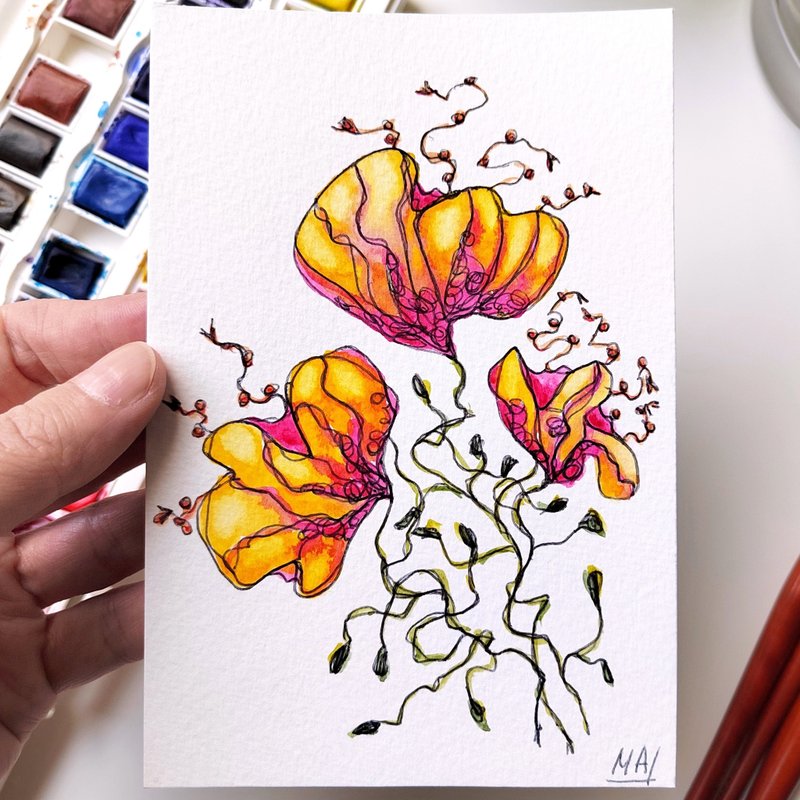 Original Orange Fire Flowers Watercolor Painting - ตกแต่งผนัง - กระดาษ หลากหลายสี