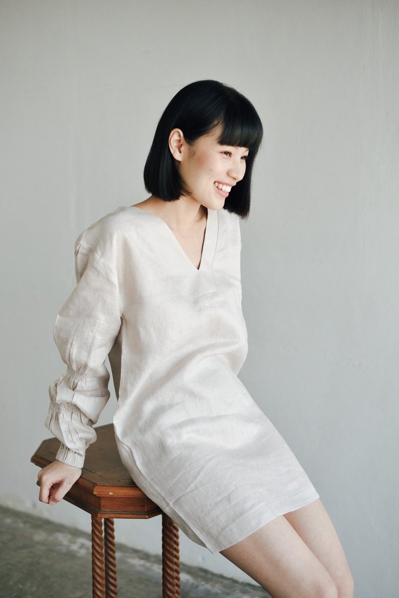 LINEN DRESS - IVORY COLOR- LONG SLEEVE - One Piece Dresses - Cotton & Hemp Khaki