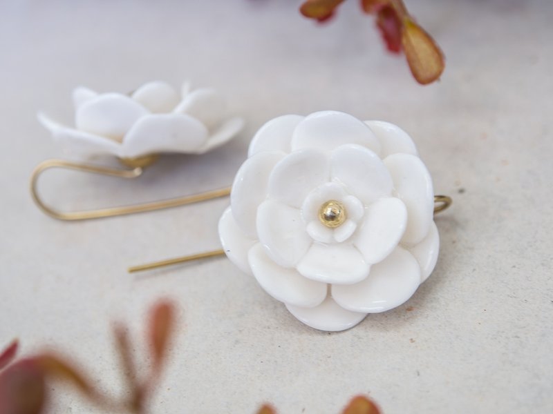 Plum ~ white porcelain flower hook earrings ~ size M - Earrings & Clip-ons - Pottery White