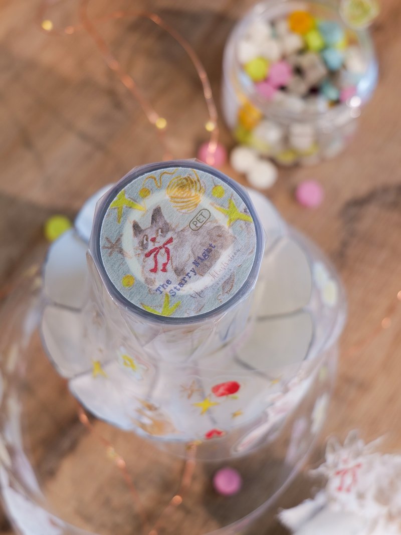 星空與貓 亮面燙金割型PET膠帶(特油加白墨含離型紙) - 紙膠帶/和紙/PET - 其他材質 