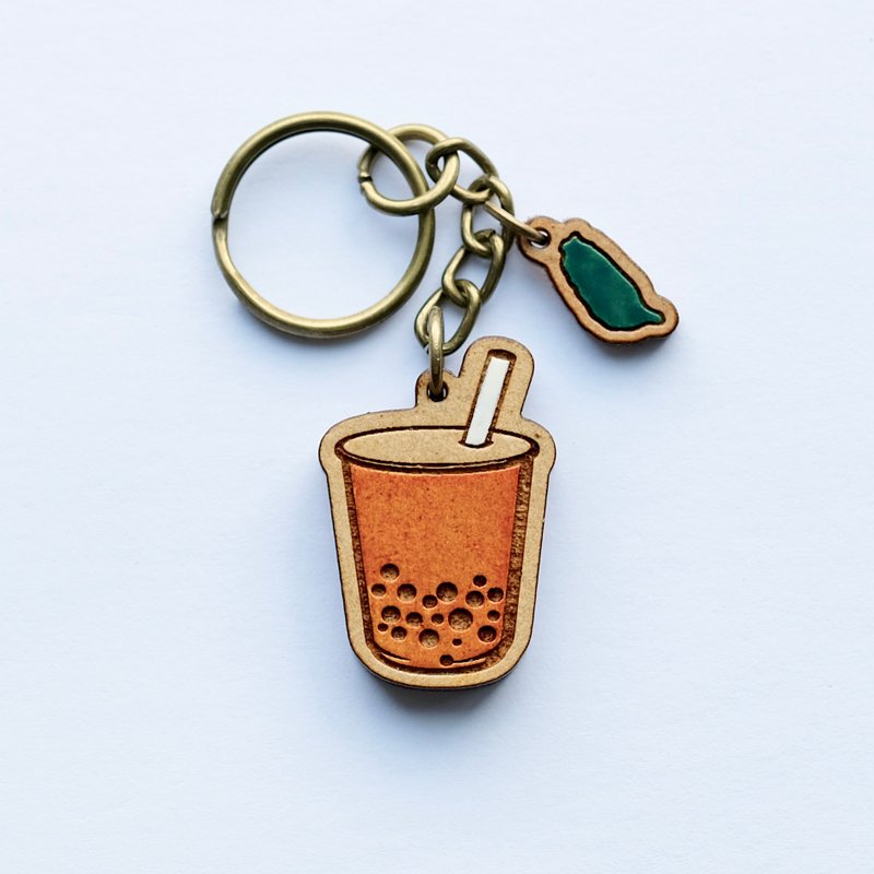 Painted Wooden key ring - Bubble tea - ที่ห้อยกุญแจ - ไม้ สีนำ้ตาล