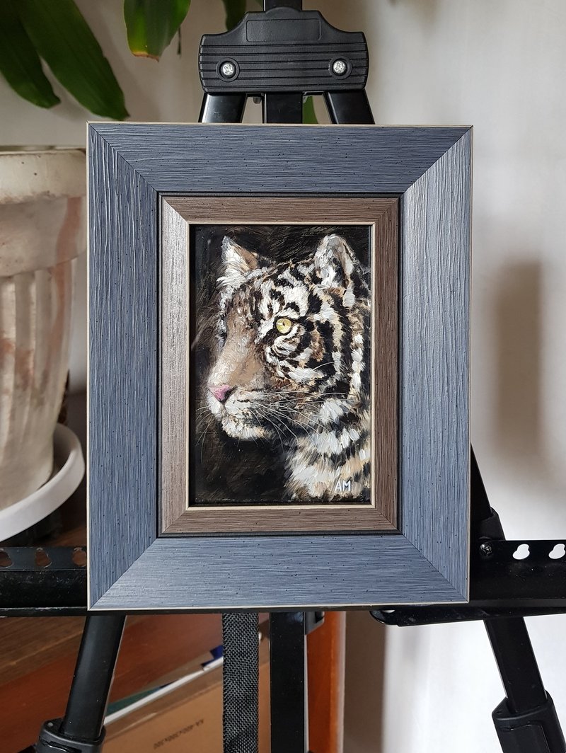 Small original cute animal Tiger artwork hand painted oil painting framed - 壁貼/牆壁裝飾 - 其他材質 