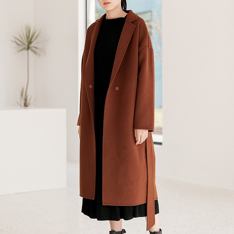 Caramel LESS IS MORE minimalist coat imported Australian wool handmade double-sided cashmere wool coat - เสื้อแจ็คเก็ต - ขนแกะ สีนำ้ตาล