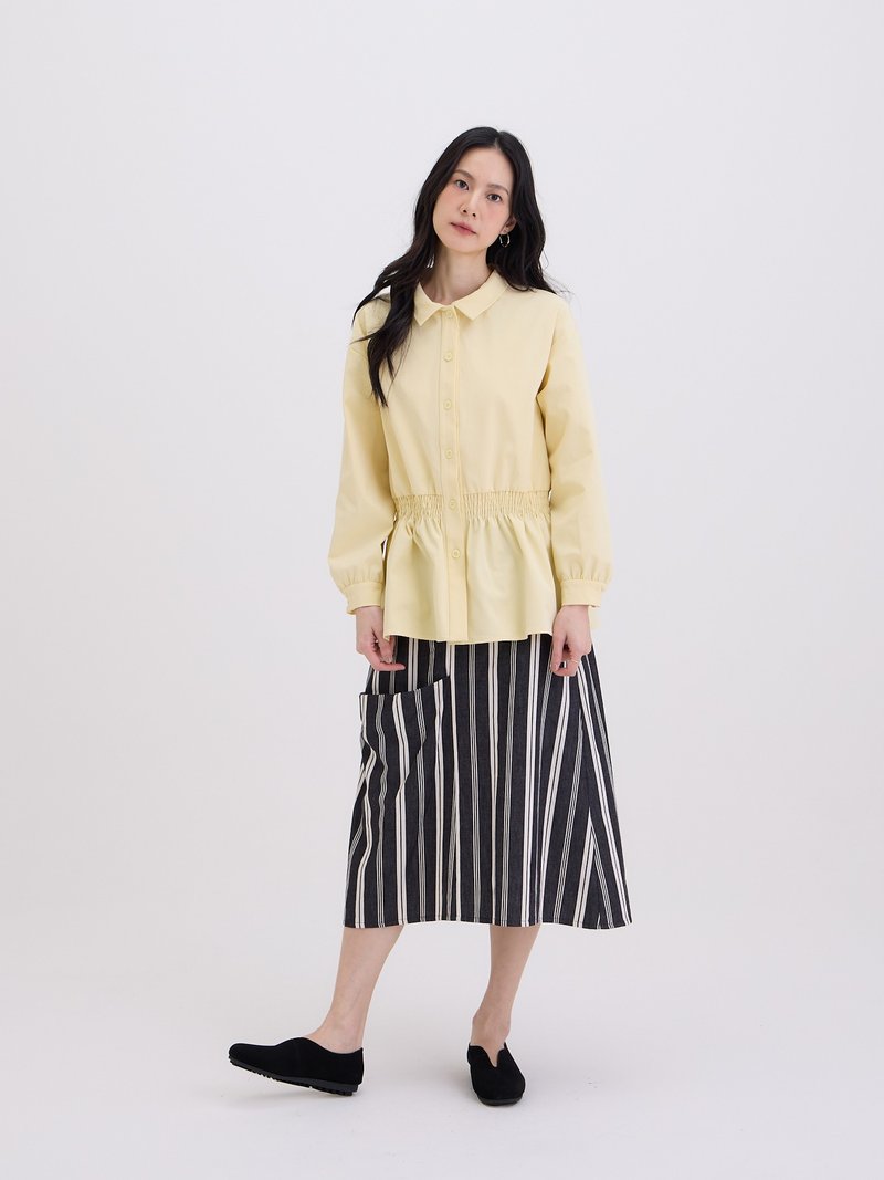 棉柔長袖抽皺襯衫-鵝黃 - 女襯衫 - 棉．麻 黃色