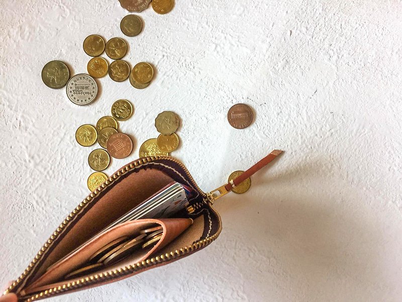 Non-colliding light brown vegetable tanned leather full genuine leather L-shaped zipper coin purse/short clip - Coin Purses - Genuine Leather Brown