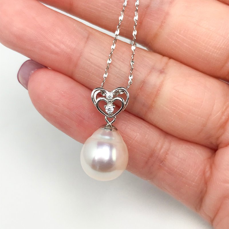 Double LoveHeart Genuine Freshwater White Baroque Drop Pearl SS925 18inNecklace - สร้อยคอ - ไข่มุก ขาว