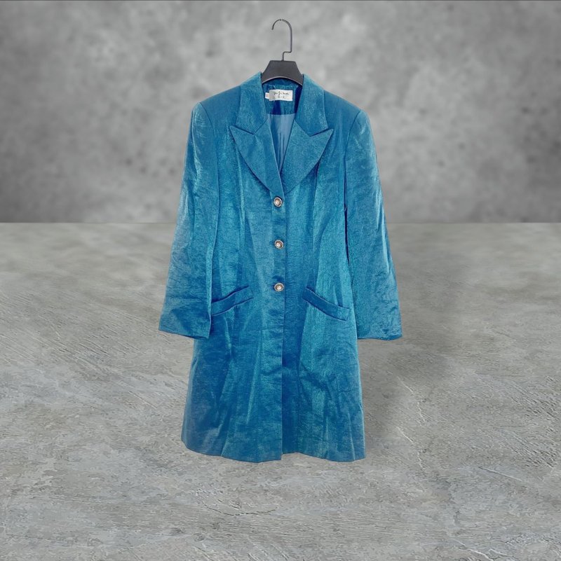 Pre-Owned Blue Pearlized Pocket Fitted Long Blazer OPME22 - Women's Casual & Functional Jackets - Polyester Blue