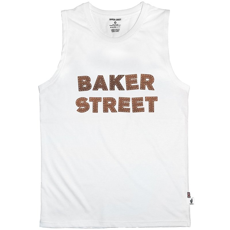 英國潮流品牌【Baker Street 貝克街】男裝．純棉．無袖上衣．皮革文字Leather Letters Printed Vest - 男裝 背心 - 棉．麻 白色