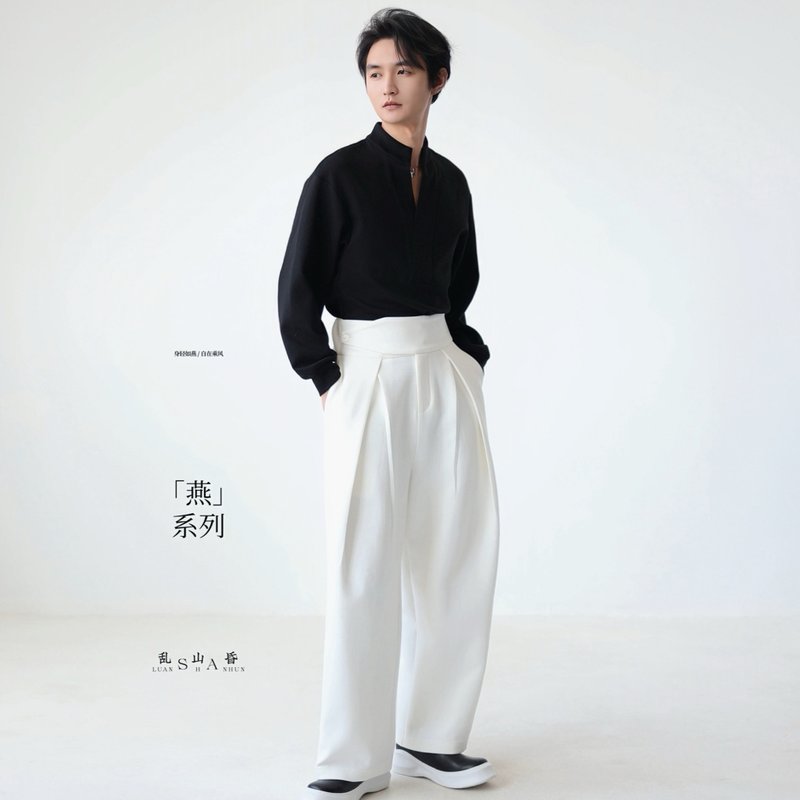 Luanshan Duanyan series new Chinese style wide waist design white wide leg pants daily air layer sweatpants spring autumn winter - Men's Pants - Other Materials White