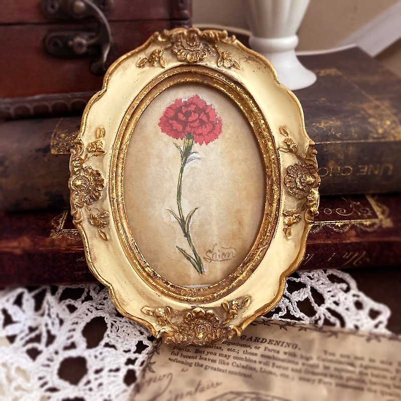 Small painting of carnations Red B / Flower lover Yasuno Kaori Mother's Day Painting Antique style Antique Interior decoration - โปสเตอร์ - กระดาษ สีแดง