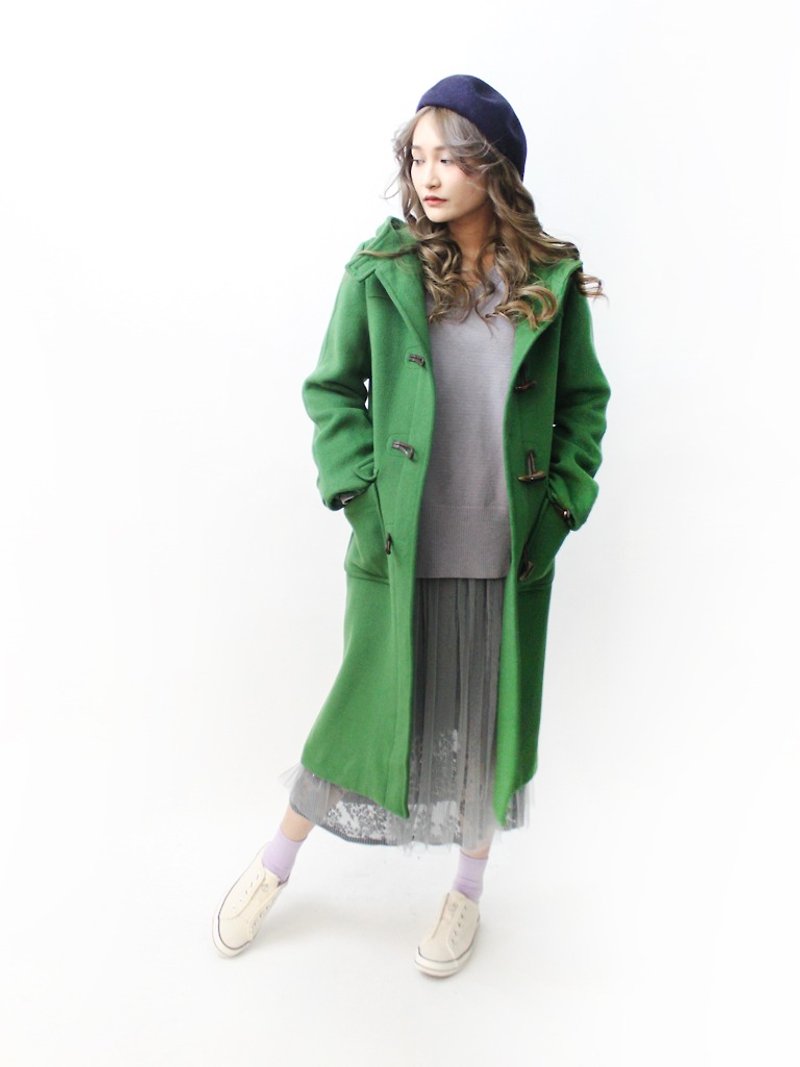[RE1115C428] autumn and winter college style pattern hooded hooded grass hooded vintage coat - เสื้อแจ็คเก็ต - ขนแกะ สีเขียว