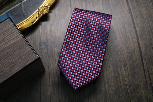 壞紳士 高端商務系列/紅藍格紋百分百真絲領帶