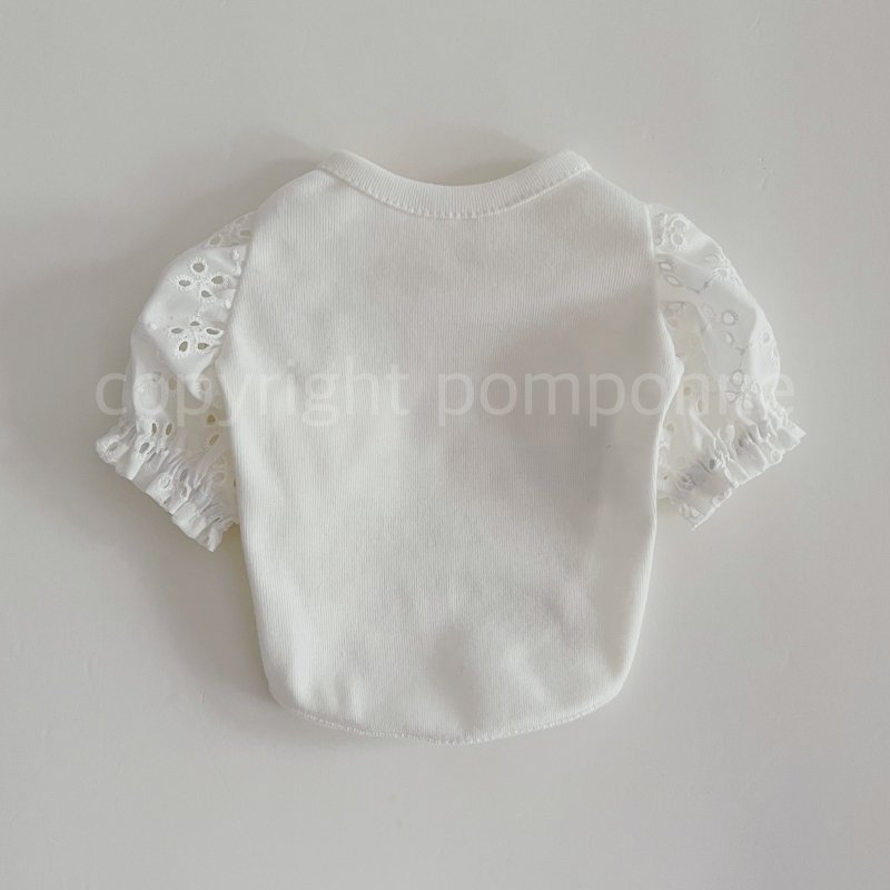 Dog Wear・Embroidered Puff Sleeve Tee - White - ชุดสัตว์เลี้ยง - ผ้าฝ้าย/ผ้าลินิน ขาว