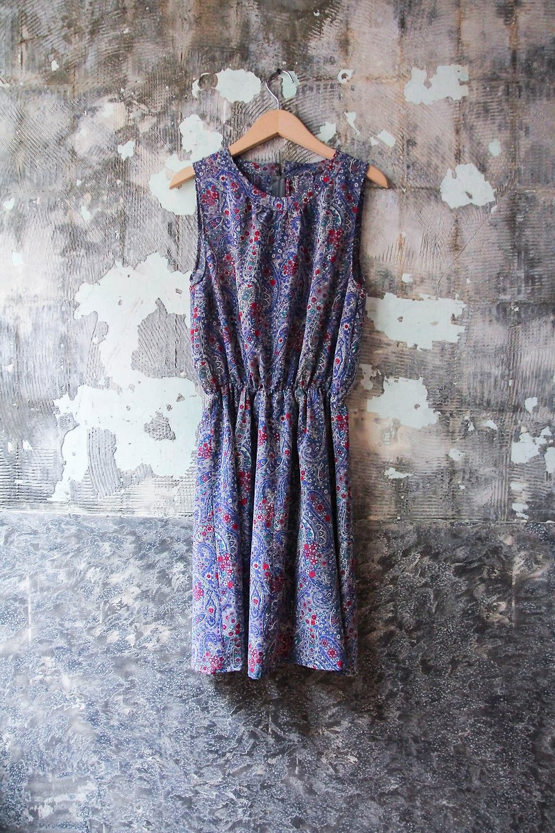 裊裊百貨公司-Vintage 藍紫色變形蟲布花無袖洋裝 復古著 - 洋裝/連身裙 - 聚酯纖維 