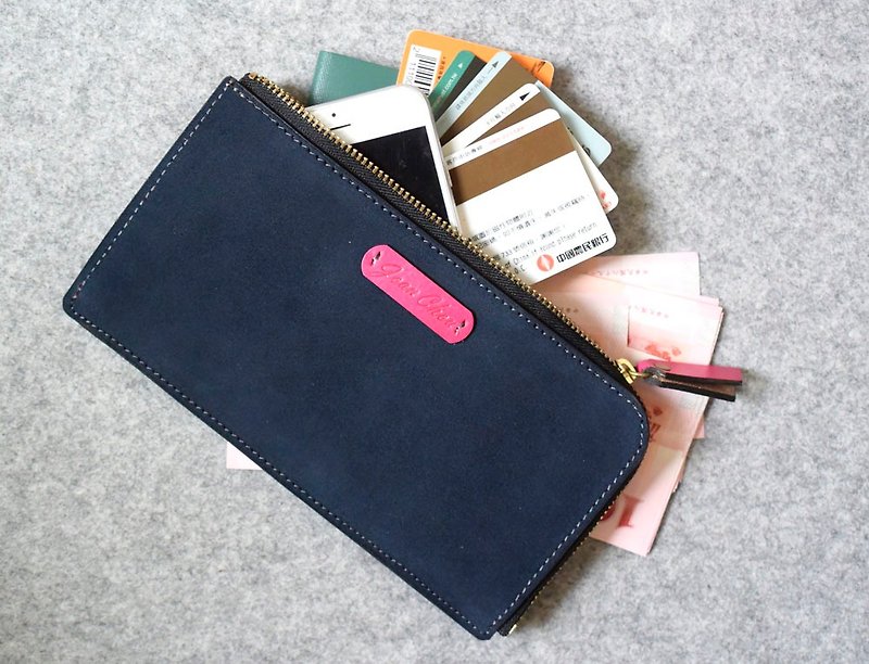 YOURS large capacity zipper long clip blue suede + bright peach - Wallets - Genuine Leather 