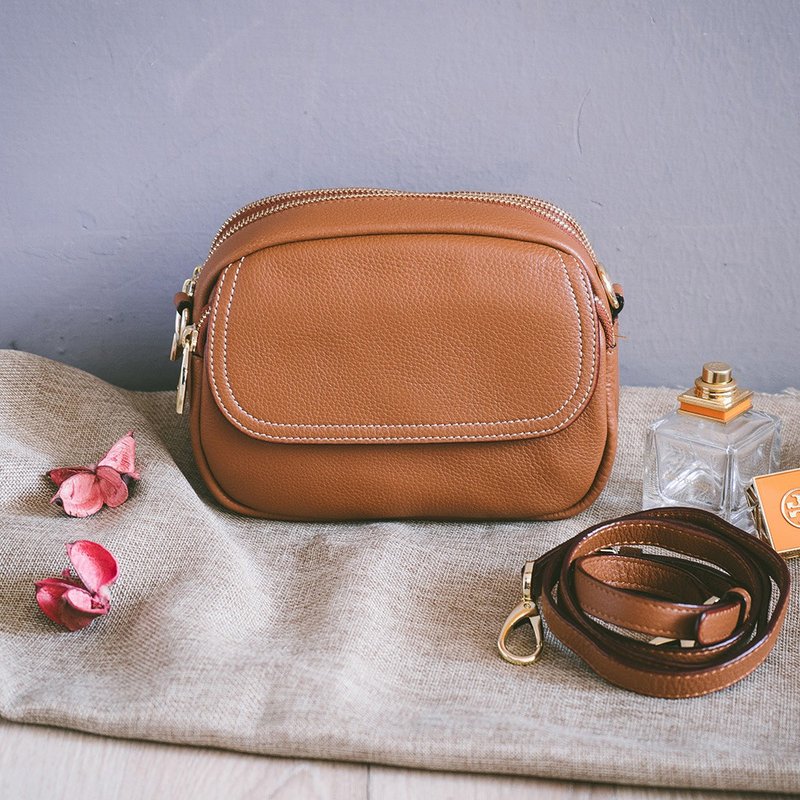 Leather three-layer zipper shoulder bag X1996 Brown - Messenger Bags & Sling Bags - Genuine Leather Orange