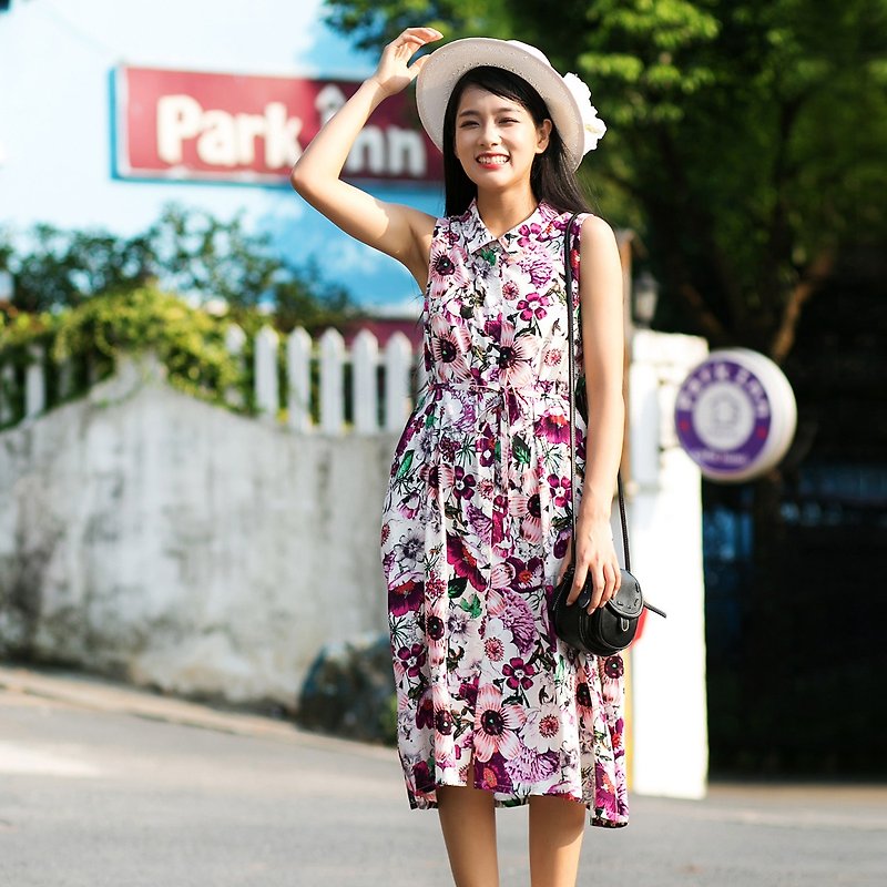 Anne Chen original design old photos 2016 summer new literary and vintage temperament sleeveless printed dress dress - One Piece Dresses - Cotton & Hemp Multicolor