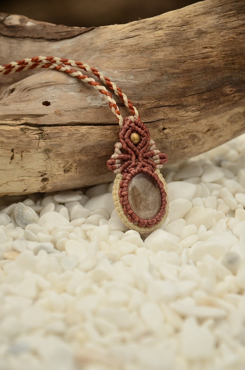 Macrame Rutile Natural Stone Pendant - Necklaces - Gemstone Brown
