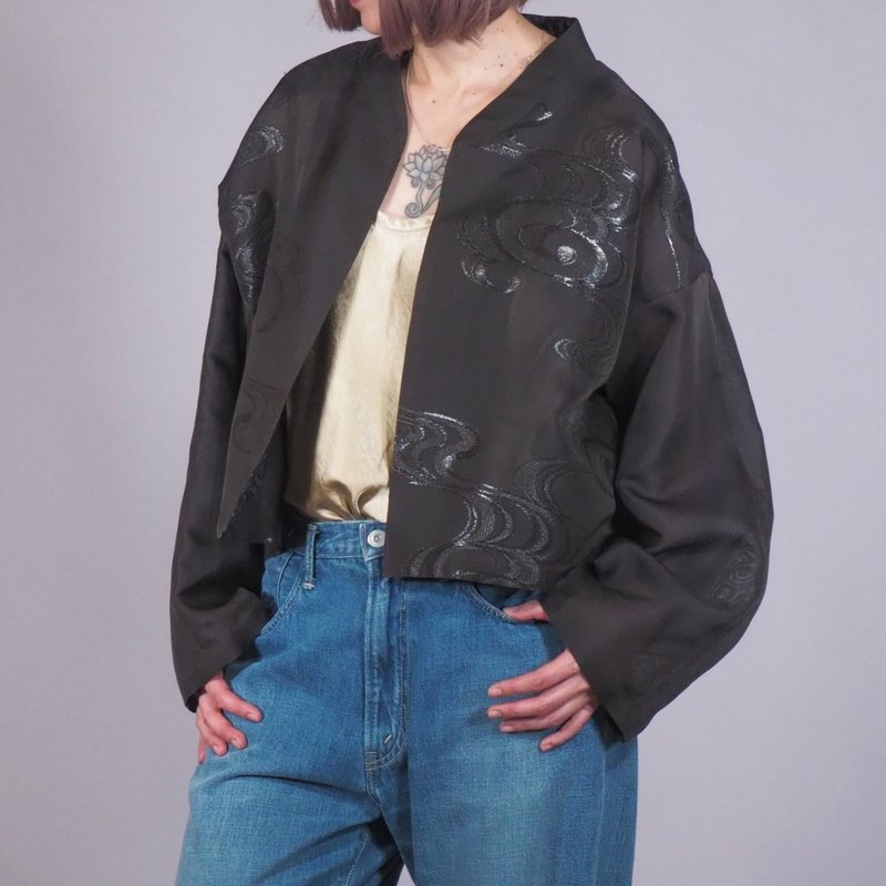 【日本製】Kimono remake, long sleeve shirt, sheer black, auspicious pattern - Women's Shirts - Silk Black