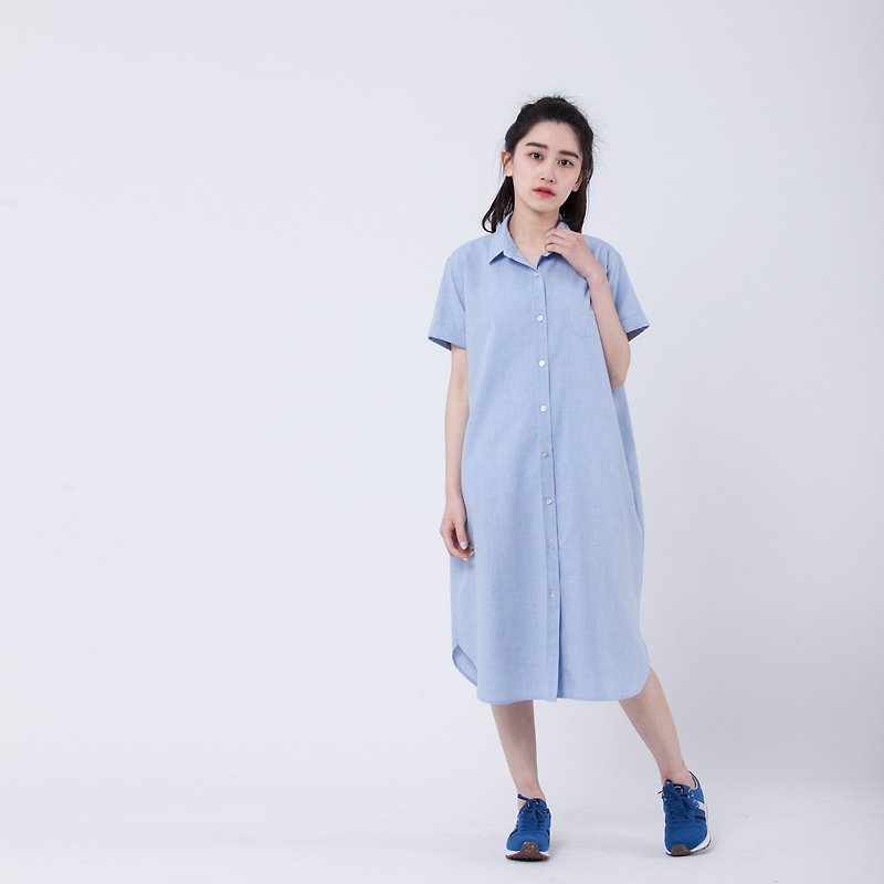 Juliet dresses with button closure / blue - ワンピース - コットン・麻 ブルー