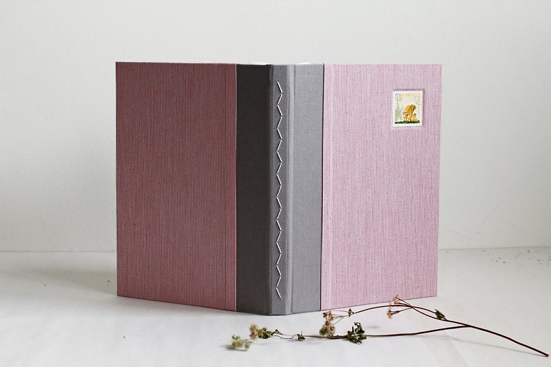 Long Stitch Hand Bound Notebook - decorated with stamp, pink & light gray - สมุดบันทึก/สมุดปฏิทิน - กระดาษ สึชมพู