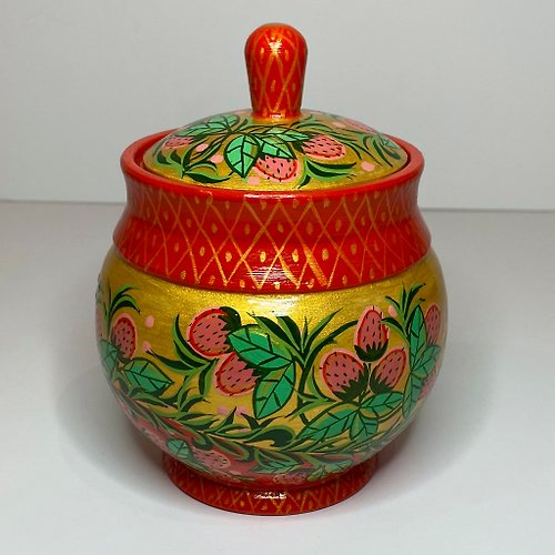 Anastasia Art - 独特的工艺 Box Strawberry, wooden home decor, hohloma folk ornament, red gold color, berry