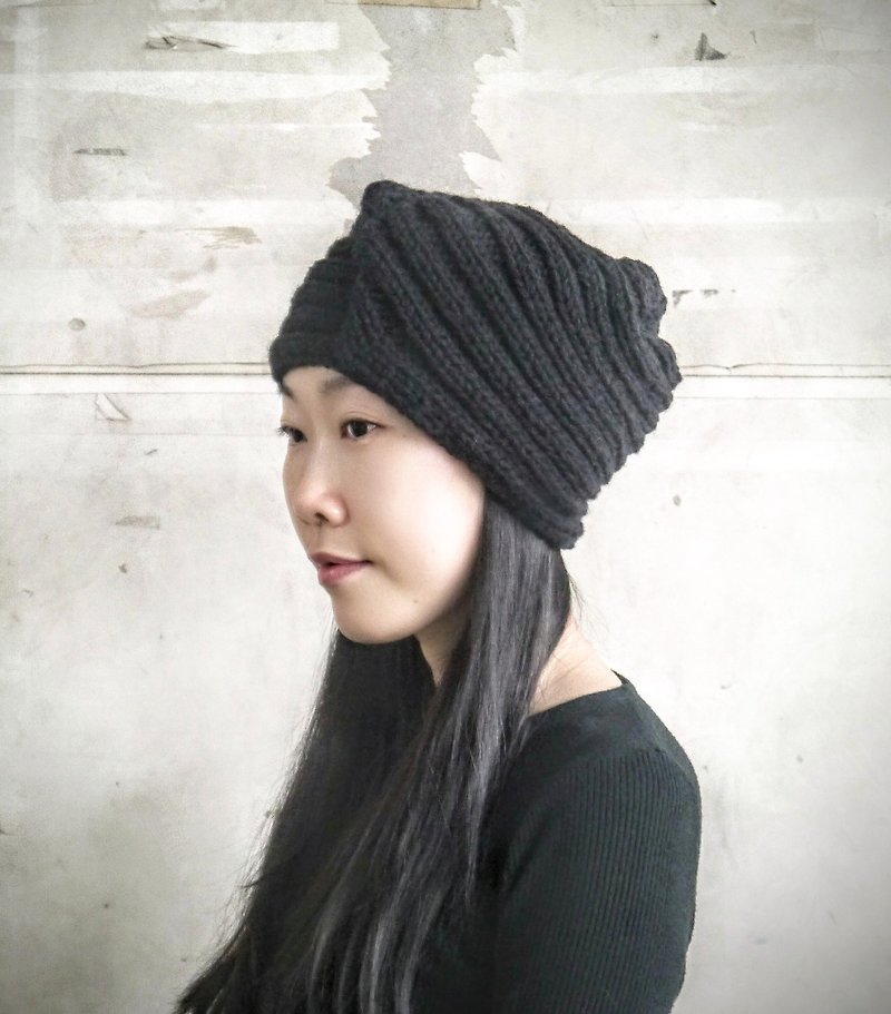 Handmade woven fur hat~ Black striped three-dimensional hat (both men and women) - Hats & Caps - Wool Black