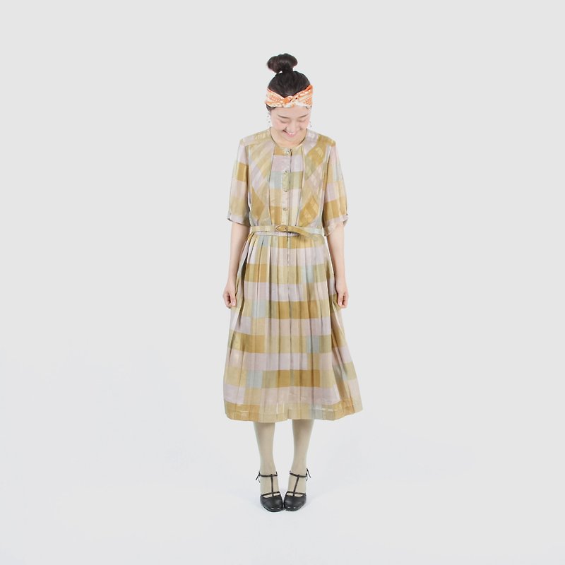 [Egg Plant Vintage] Tea Plaid Print Short Sleeve Vintage Dress - One Piece Dresses - Polyester 