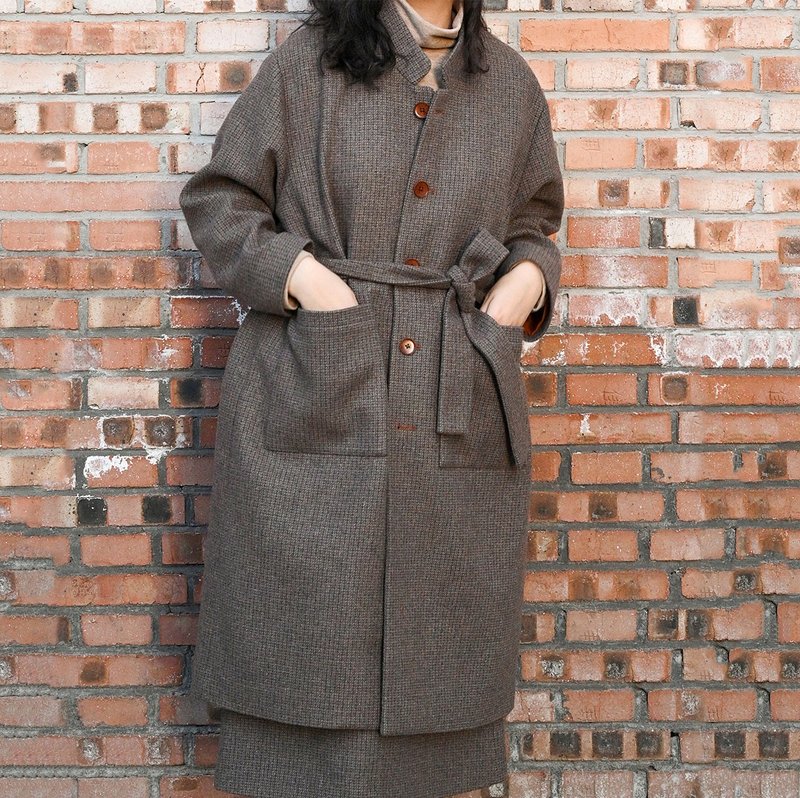 Chestnut Research Clothing Institute Sub-brand GM Oatmeal Blue Tweed Wool Casual Long Coat, Commute-ready, Vintage, Versatile - เสื้อแจ็คเก็ต - ขนแกะ สีนำ้ตาล