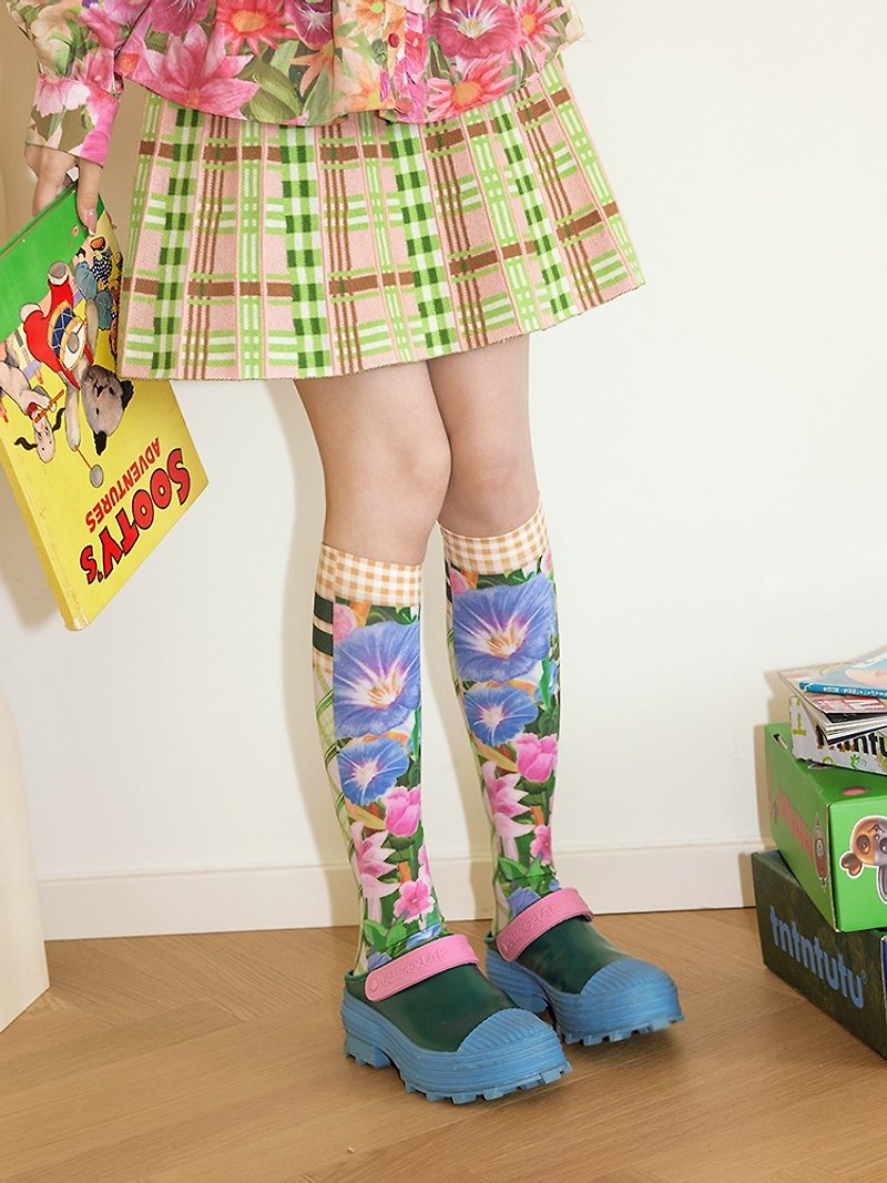 雙面印花 花朵格紋小腿襪 中筒襪 絲襪 - 襪子 - 其他材質 多色