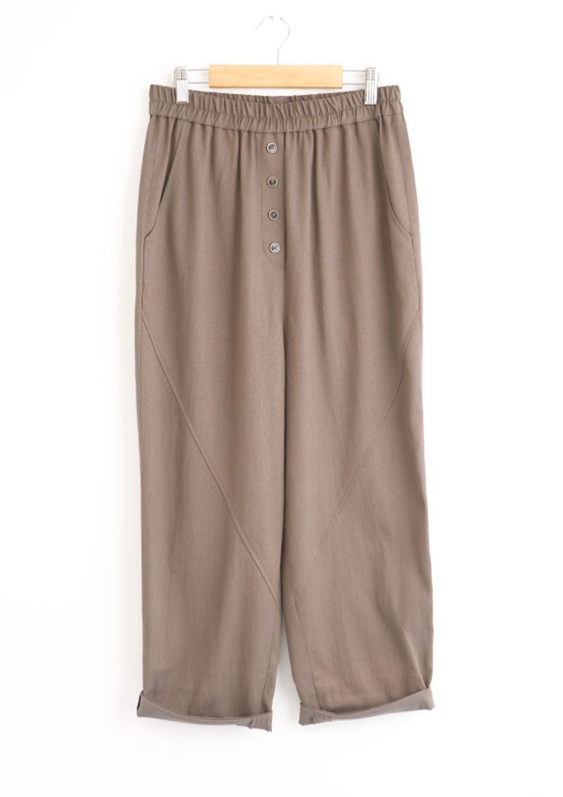 i'm buttoned elastic waist pleated pants - กางเกงขายาว - ผ้าฝ้าย/ผ้าลินิน 