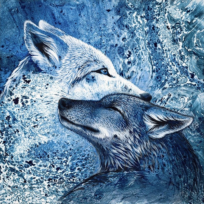 Two Wolves Poster, Wolves in Love Print, White and Black Wolf Painting - 海報/掛畫/掛布 - 紙 藍色