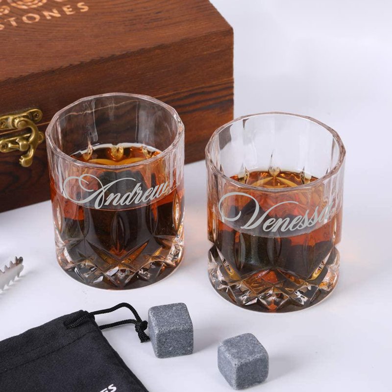 Engraved Whiskey Glasses | European Chilling Stone Set - Customized Gift for Weddings/Couples - Bar Glasses & Drinkware - Glass 