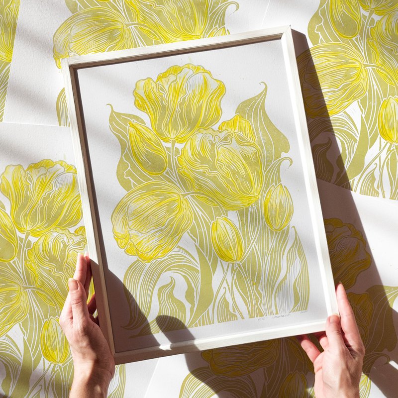 Yellow lime cream watercolor tulips flowers Linocut print Green plant  Wall frt - 壁貼/牆壁裝飾 - 紙 綠色