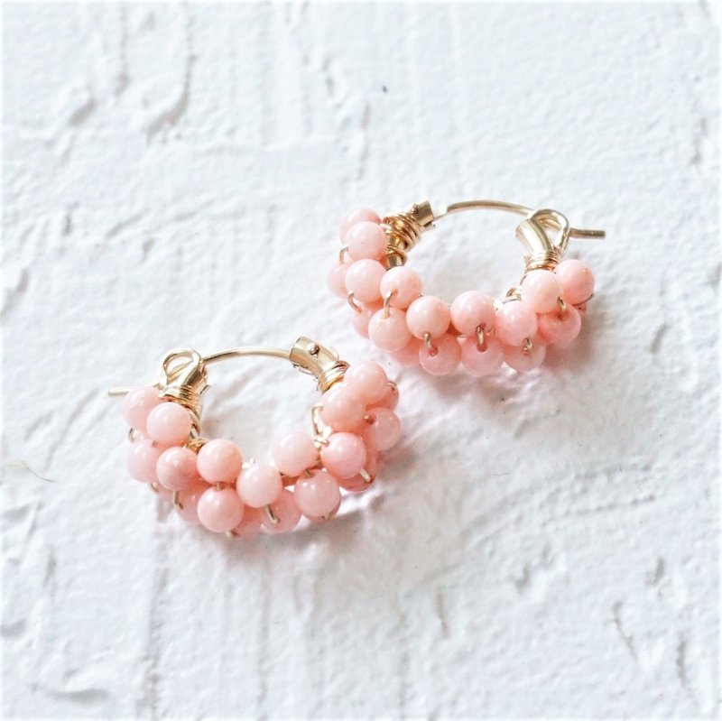 14kgf*Pink Coral pavé pierced earring / earring M - ต่างหู - เครื่องเพชรพลอย สึชมพู