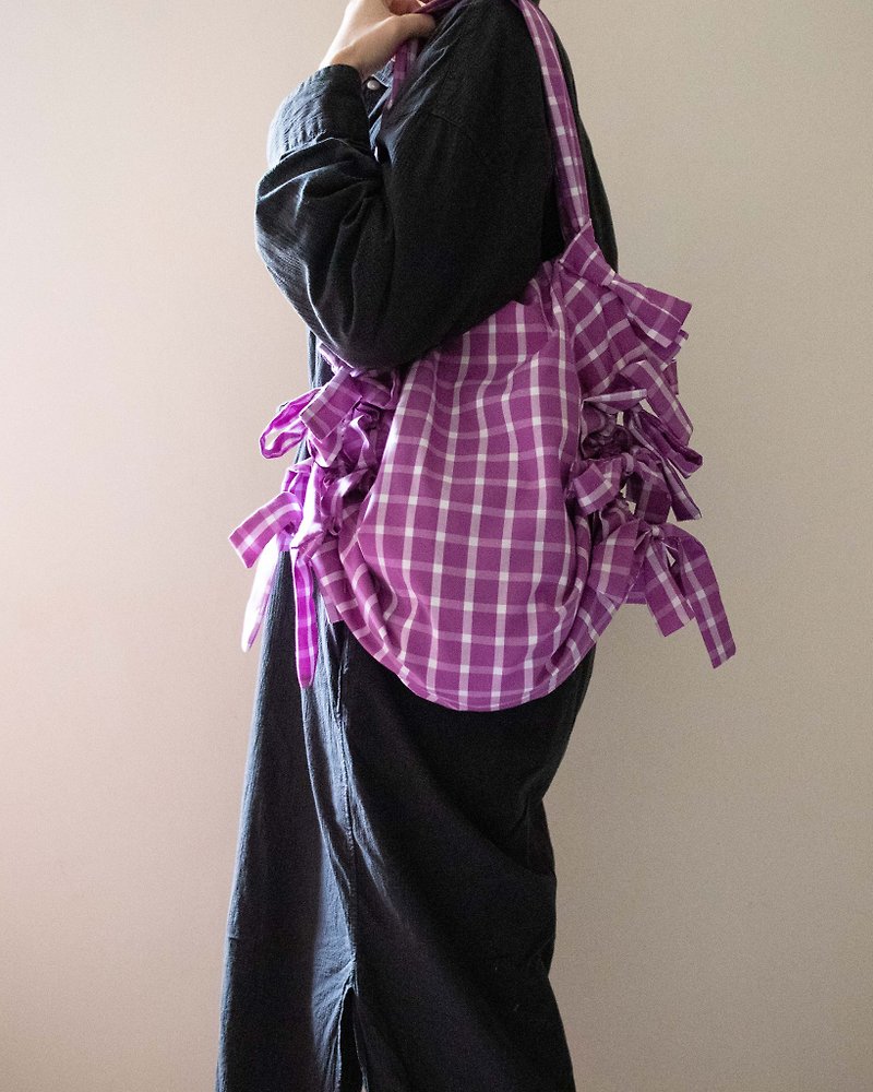 Ribbon Tote (L) | Purple Check - Messenger Bags & Sling Bags - Polyester Purple