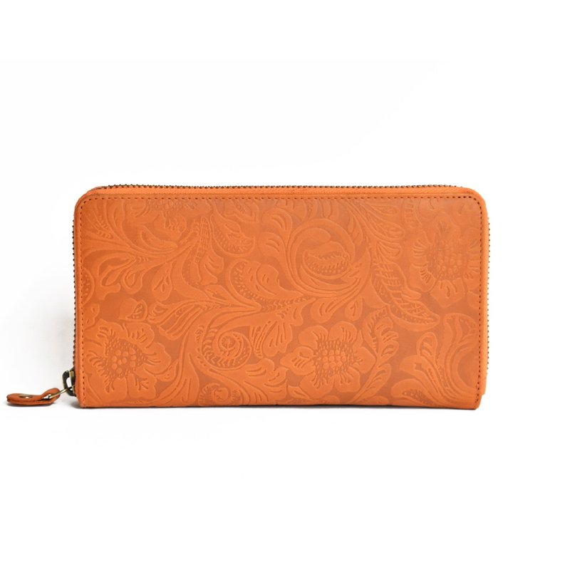 ボタニカル柄 hallelujah オールレザー ラウンドファスナー 長財布 本革  メンズ レディース 名入れ Orange TOW011 - 錢包/皮夾/長短夾 - 真皮 橘色