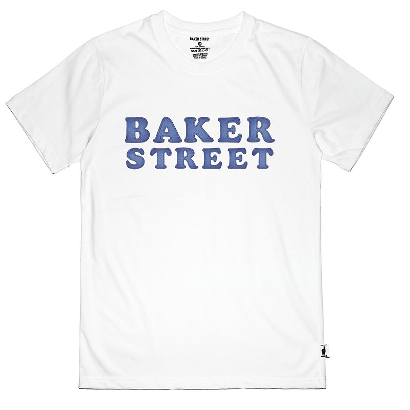 【英國 Baker Street 貝克街】中性版 - 純棉短袖T - 丹寧文字 - 男 T 恤 - 棉．麻 白色