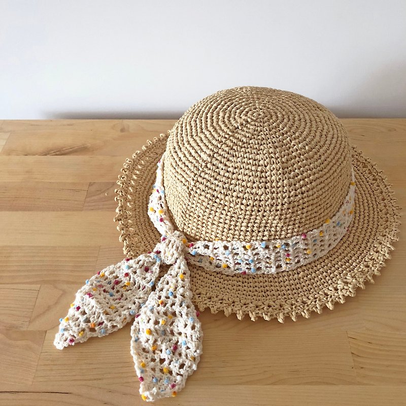 夏日編織帽--彩色棉花糖織帶小圓帽 - 帽子 - 棉．麻 卡其色