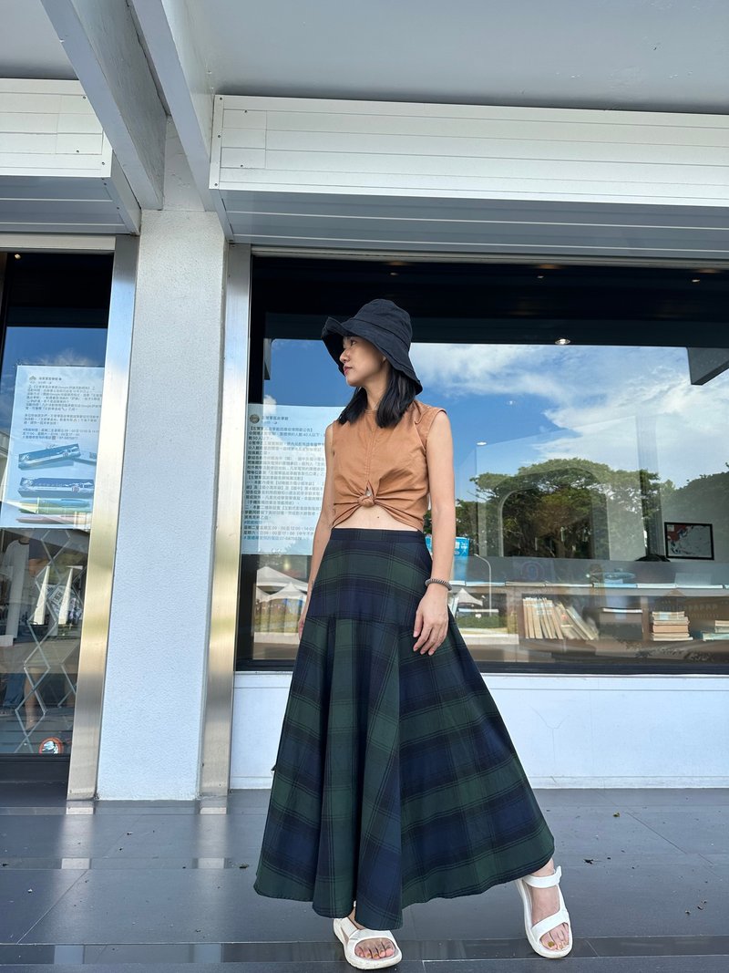 法蘭絨綠格紋裁片裙 - 裙子/長裙 - 棉．麻 綠色
