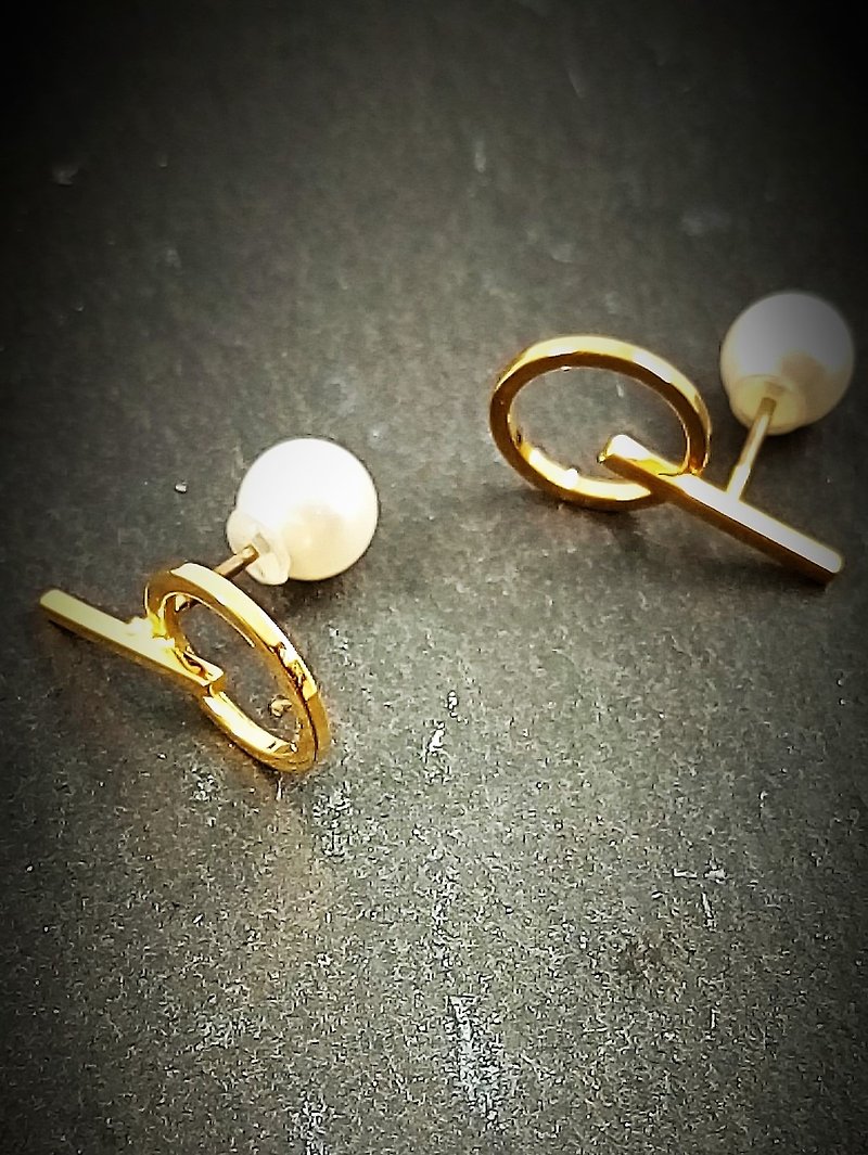 freeshipping Circle square bar shellfish pearl earrings - Earrings & Clip-ons - Other Metals Gold