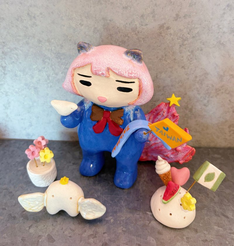 Qimii奇蜜星的小奇獸/互動式療癒玩偶/貓耳/小蜜/白鴿朋友 - 公仔/玩偶 - 陶 藍色